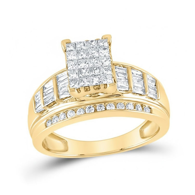 The 10k Gold Princess Diamond Bridal Engagement Ring 1 Cttw features a princess diamond cluster with baguette and round diamonds on the band—an elegant bridal engagement choice.
