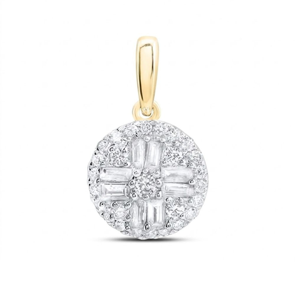 The 1/3 Cttw Diamond Round Baguette Pendant in 10K gold features a cluster of sparkling natural diamonds in round and baguette cuts, with a gold bail, shown against a white background.