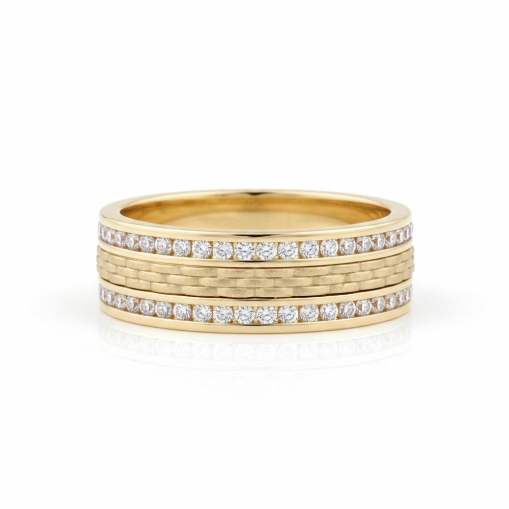 The 14k Yellow Gold Diamond Wedding Band Ring 1/2 Cttw features three textured central bands bordered by rows of round white diamonds set in parallel along the edges, shown against a white background.