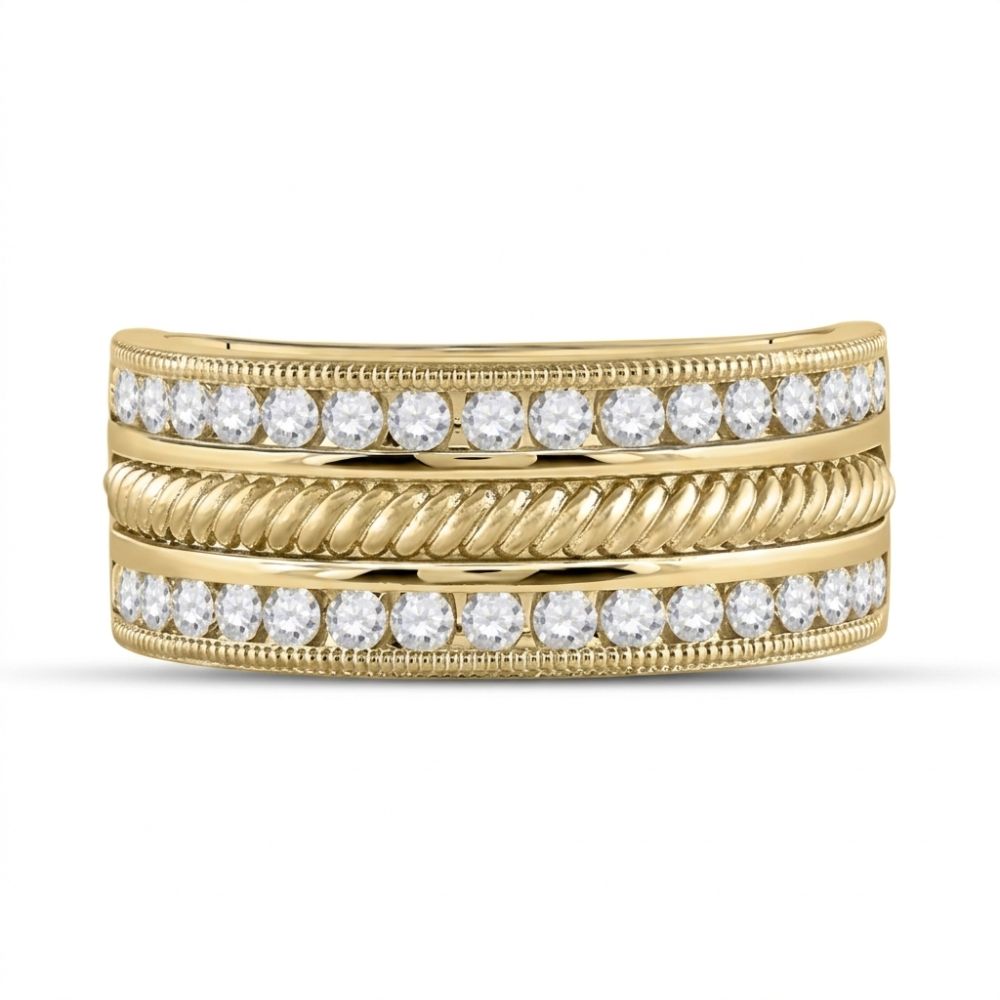 The 14k Yellow Gold Diamond Rope Wedding Band 1 Cttw showcases two rows of round white diamonds with a twisted rope center, all set in yellow gold against a white background.