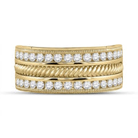 The 14k Yellow Gold Diamond Rope Wedding Band 1 Cttw showcases two rows of round white diamonds with a twisted rope center, all set in yellow gold against a white background.