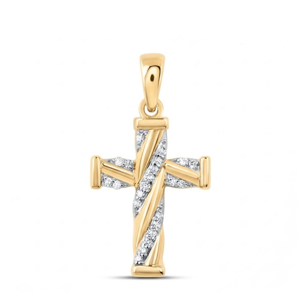 The 1/20 CTW Diamond Cross Pendant in 10K Gold features diagonal rows of natural diamonds at the center and a polished gold bail for easy attachment to a chain, shown on a plain white background.
