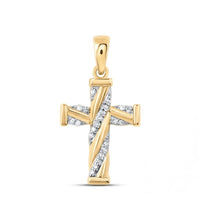 The 1/20 CTW Diamond Cross Pendant in 10K Gold features diagonal rows of natural diamonds at the center and a polished gold bail for easy attachment to a chain, shown on a plain white background.