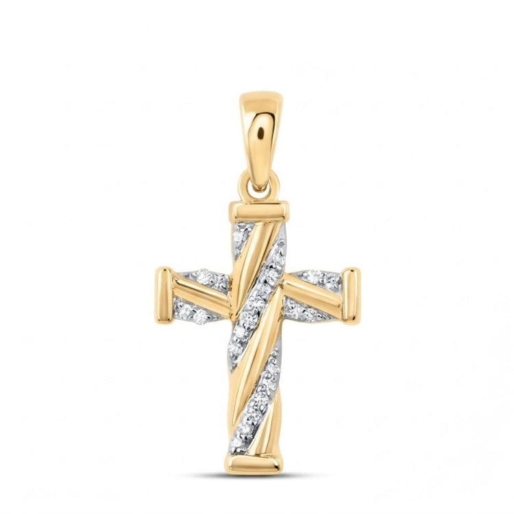 The 1/20 CTW Diamond Cross Pendant in 10K Gold features diagonal rows of natural diamonds at the center and a polished gold bail for easy attachment to a chain, shown on a plain white background.