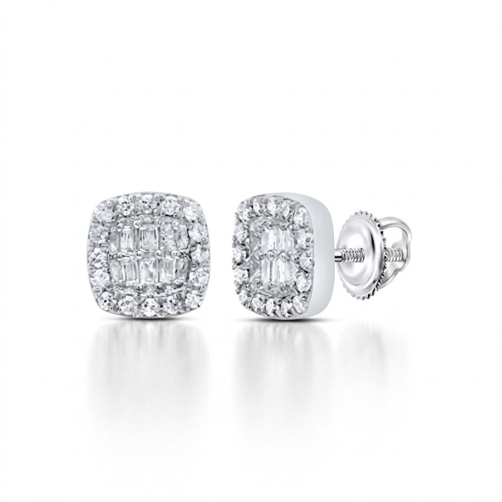 The 1/4CTW Natural Diamond Cushion Baguette Earrings in 10K gold feature clusters of baguette and round diamonds. Shown on a white background, one earring faces forward while the other highlights its secure screw-back closure.
