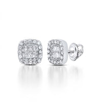 The 1/4CTW Natural Diamond Cushion Baguette Earrings in 10K gold feature clusters of baguette and round diamonds. Shown on a white background, one earring faces forward while the other highlights its secure screw-back closure.
