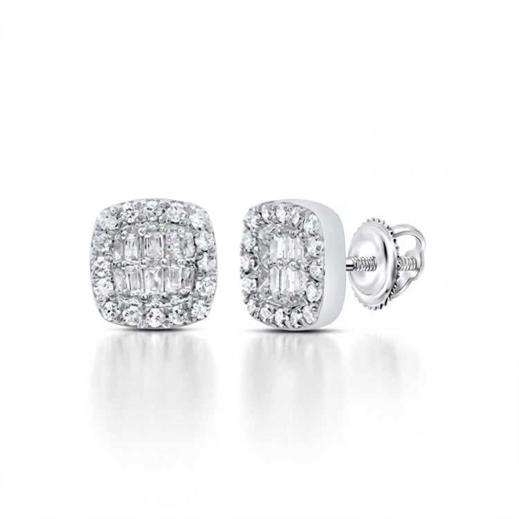 The 1/4CTW Natural Diamond Cushion Baguette Earrings in 10K gold feature clusters of baguette and round diamonds. Shown on a white background, one earring faces forward while the other highlights its secure screw-back closure.