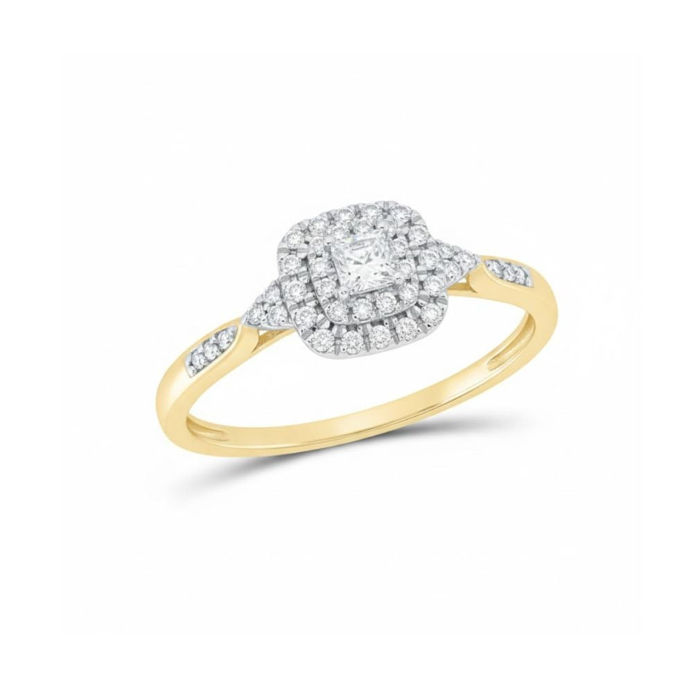 The 1/4 CTW Diamond Double Halo Engagement Ring showcases a central natural diamond accented by a square double halo of sparkling diamonds, with more diamonds set along its elegant two-tone gold band.