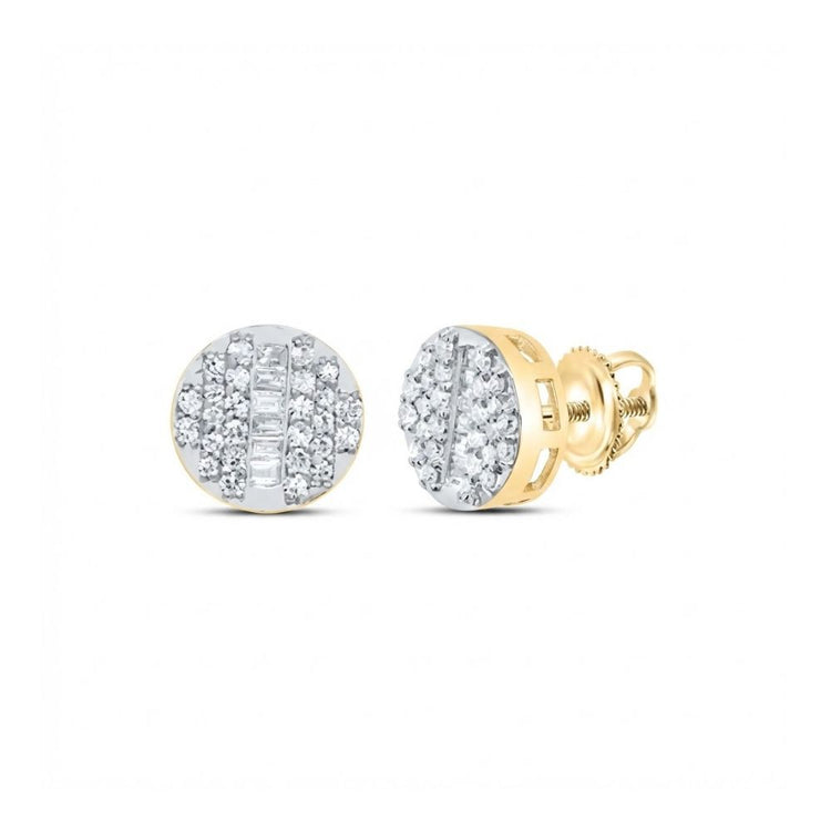 The 10k Gold Round Diamond Stud Earrings 1/4 Cttw feature a classic round design with sparkling diamond clusters and a secure screw-back closure.