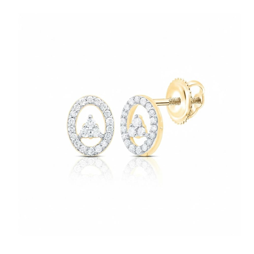 1/6CT Natural Diamond Oval Earrings in 10k Gold, featuring a pair of studs with oval-shaped settings and a central triangular cluster of small natural diamonds, shown on a white background.