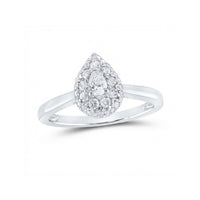 The 14k Gold Pear Diamond Halo Engagement Ring features a pear-shaped diamond surrounded by a halo of smaller diamonds in a teardrop design on a simple band, shown against a white background.