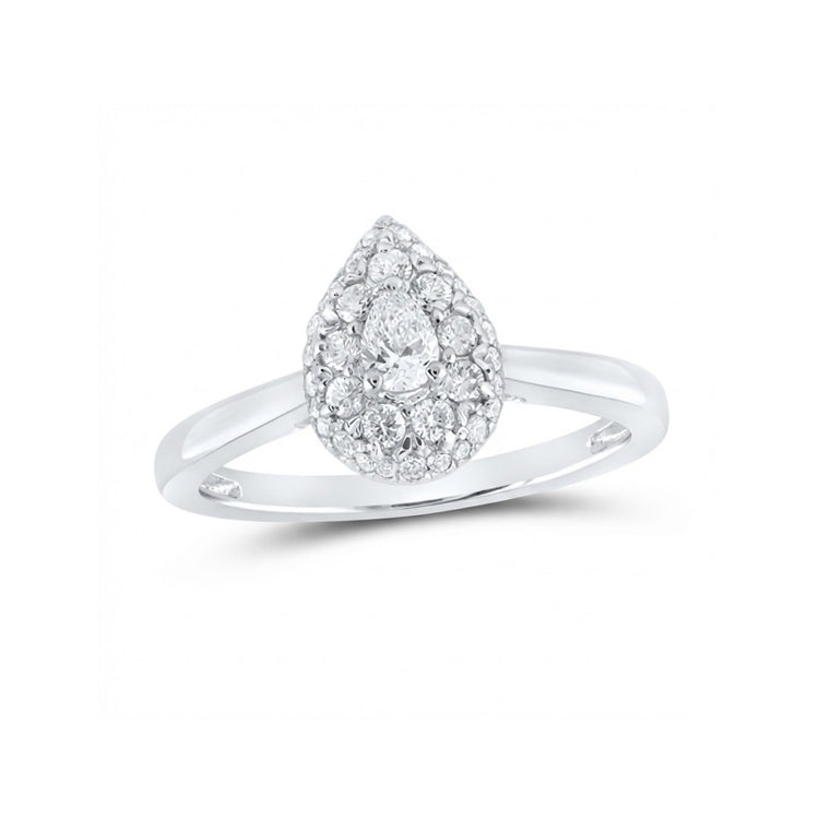 The 14k Gold Pear Diamond Halo Engagement Ring features a pear-shaped diamond surrounded by a halo of smaller diamonds in a teardrop design on a simple band, shown against a white background.