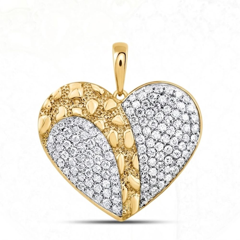 The 1 CTW Diamond Heart Pendant in Yellow Gold features a heart design with one textured gold half and one accented by sparkling diamonds, finished with a gold bail for elegant wear on any chain.