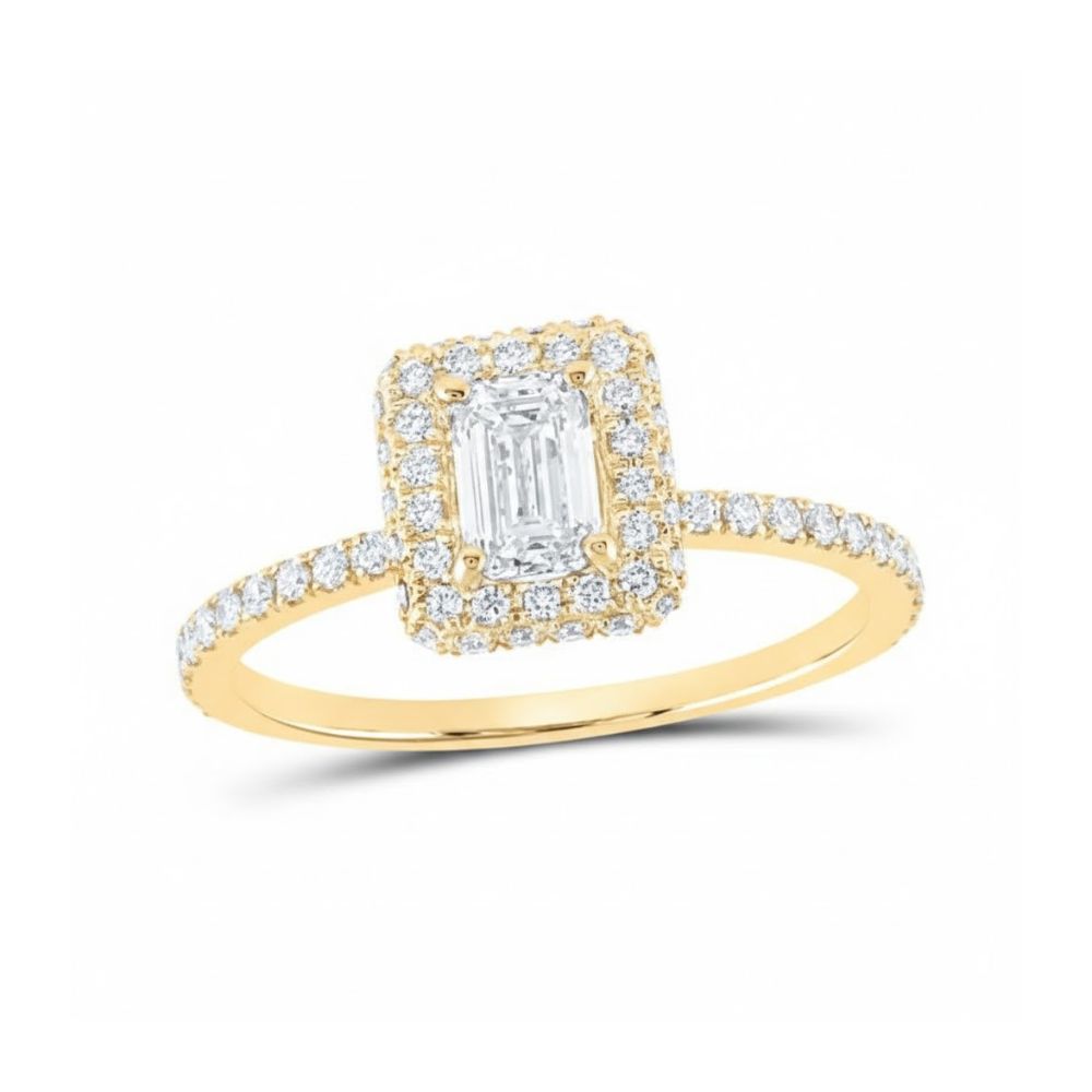 The 14k Gold Emerald Diamond Halo Bridal Wedding Ring Set features a rectangular emerald-cut center stone, a halo of round diamonds, and extra diamonds along the slim gold band.
