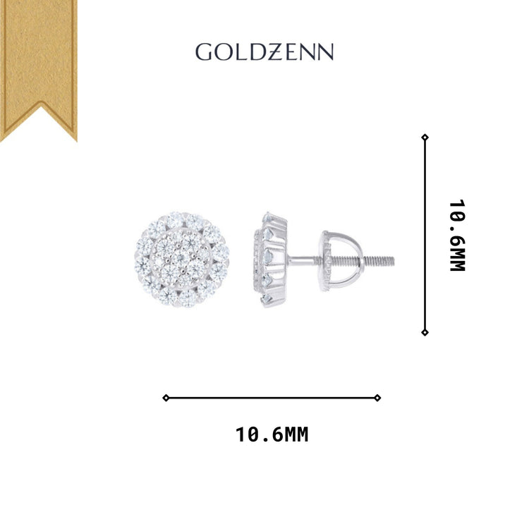 The Goldzenn 925 Sterling Silver Women's Round Moissanite Fashion Stud Earrings feature screw-back posts and measure 10.6mm in diameter and height, combining elegance with secure wear.