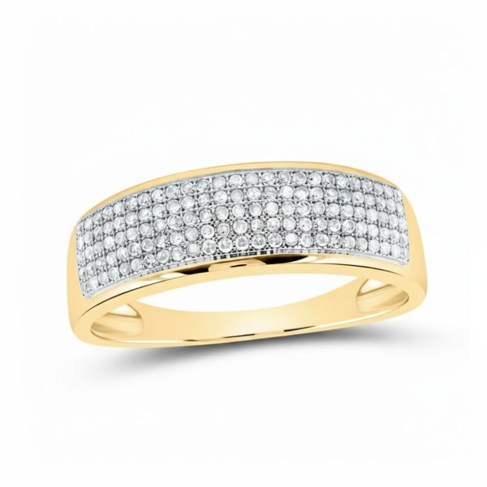The 10k Gold Round Diamond Wedding Band Ring 3/8 Cttw features a wide top adorned with rows of closely set, sparkling round white diamonds.