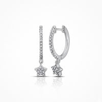 10K Gold Diamond Star Hoop Earrings 1/5 CTTW, featuring hoops with sparkling diamonds and a dangling star charm encrusted with stones, shown on a white background.