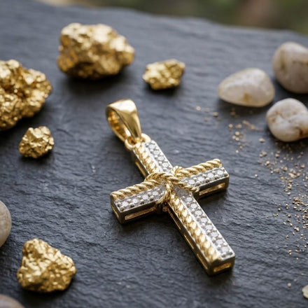 A 1/12CTW Natural Diamond Cross Pendant in 10K gold rests on a dark stone surface, accented by gold nuggets and smooth, pale pebbles.