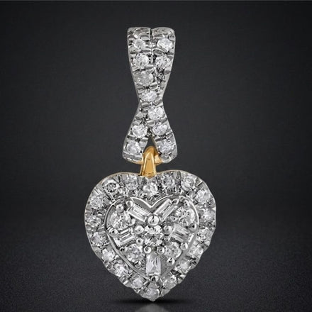 The 1/5 CTW Diamond Heart Pendant in 10K Gold features a diamond heart design with a looped diamond bail and a cluster of diamonds at the top, gleaming elegantly on a dark background—an exquisite choice for any occasion.
