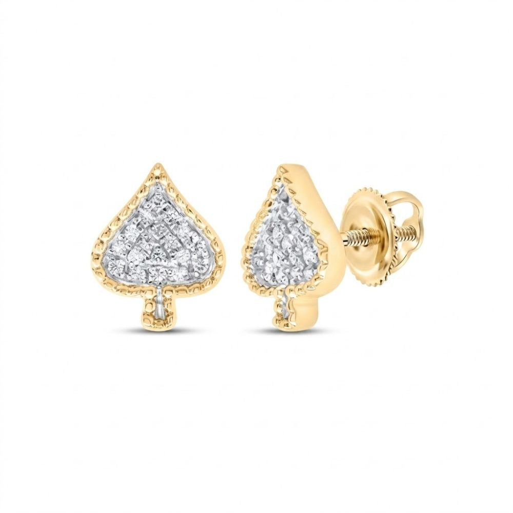 The 1/10CTW Natural Diamond Gift Earrings in 10K gold feature spade-shaped studs with central clear diamonds, secure screw-back closures, and are shown on a white background.