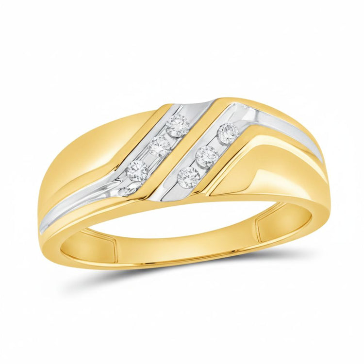 The 10k Two-Tone Gold Diamond Wedding Band – 1/8 Cttw features three round diamonds set in a diagonal white gold stripe, creating a sleek stackable accent ring, shown on a plain white background.