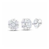 The 10k Gold Diamond Flower Cluster Earrings (1/4 Cttw) feature round, sparkling diamonds set in white gold, shown from the front and side with secure screw-back closures.