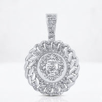 The Diamond Lion Face Cuban Charm 1/2CT Sterling Silver features a detailed lion face, interlocking diamond-studded links, and a diamond-encrusted bail for a bold pendant design.