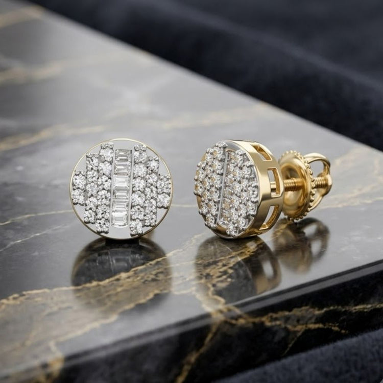 10k Gold Round Diamond Stud Earrings 1/4 Cttw, featuring round faces adorned with sparkling diamond accents and a central row of rectangular diamonds, are elegantly displayed on a black marble surface with gold veining—perfectly embodying timeless sophistication.