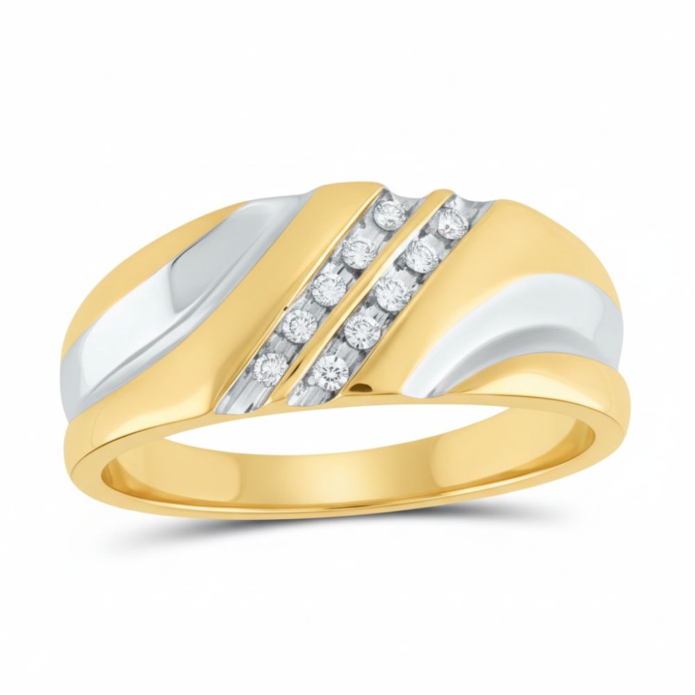 The 10k Gold Round Diamond 2-Tone Wedding Band (1/8 Cttw) features modern gold and silver waves with three diagonal rows of sparkling round diamonds at the center for a striking effect.