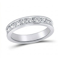 A 14k gold diamond wedding band (1 cttw) featuring a single row of round, sparkling diamonds set in a channel across the top, displayed on a white background.