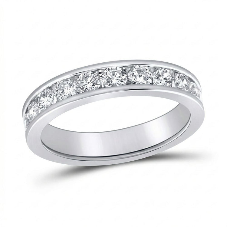 A 14k gold diamond wedding band (1 cttw) featuring a single row of round, sparkling diamonds set in a channel across the top, displayed on a white background.