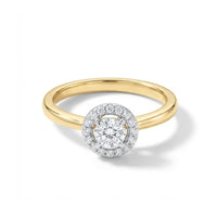The 14k Gold Round Diamond Halo Engagement Ring features a round center diamond with a sparkling halo on a plain yellow gold band, beautifully displayed against a white background.