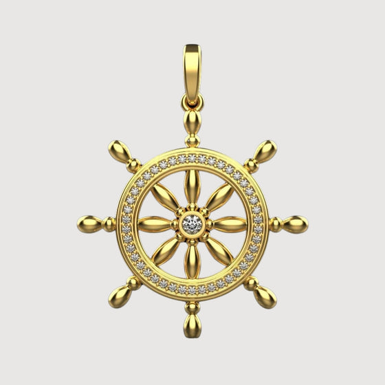 14k Gold Nautical Ship Wheel PendantCelebrate adventure with the 14K Gold Nautical Ship Wheel Pendant. Features intricate detailing in radiant 14K gold for a timeless and nautical-inspired look.