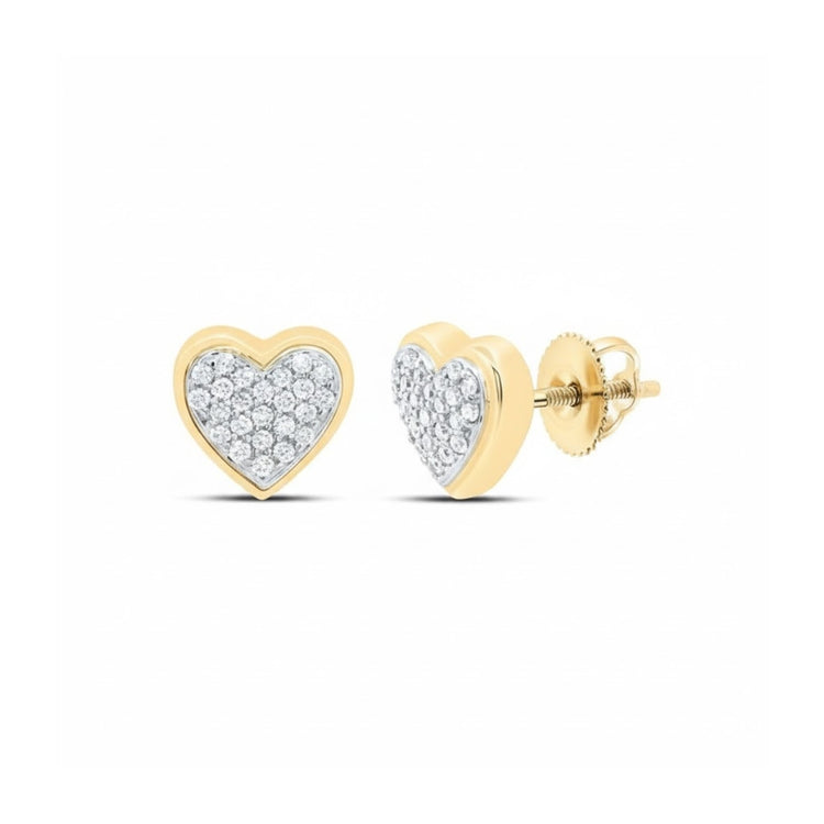 1/8CT Diamond Heart Earrings in 10K Gold featuring heart-shaped studs with diamond pavé centers and secure screw-back closures, shown on a white background.