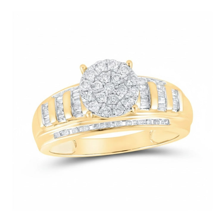 The 10k Gold Round Diamond Cluster Bridal Ring 1/2 Cttw features a dazzling diamond cluster center, with baguette and round diamonds set along its wide band.