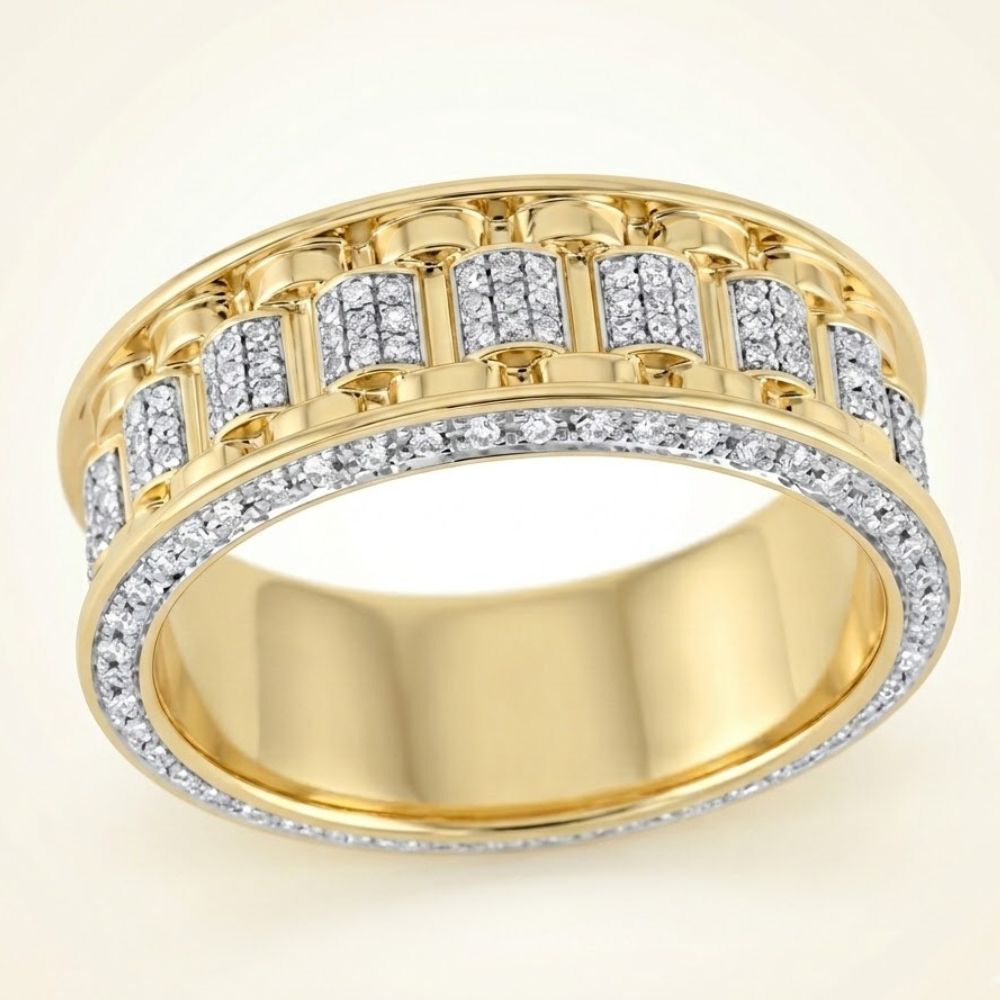 The 3/4 CTW Natural Diamond Men's Band in 14K Gold features rows of round-cut diamonds along the edges and vertical rectangular diamond accents at the center, creating a bold and stylish wedding band.