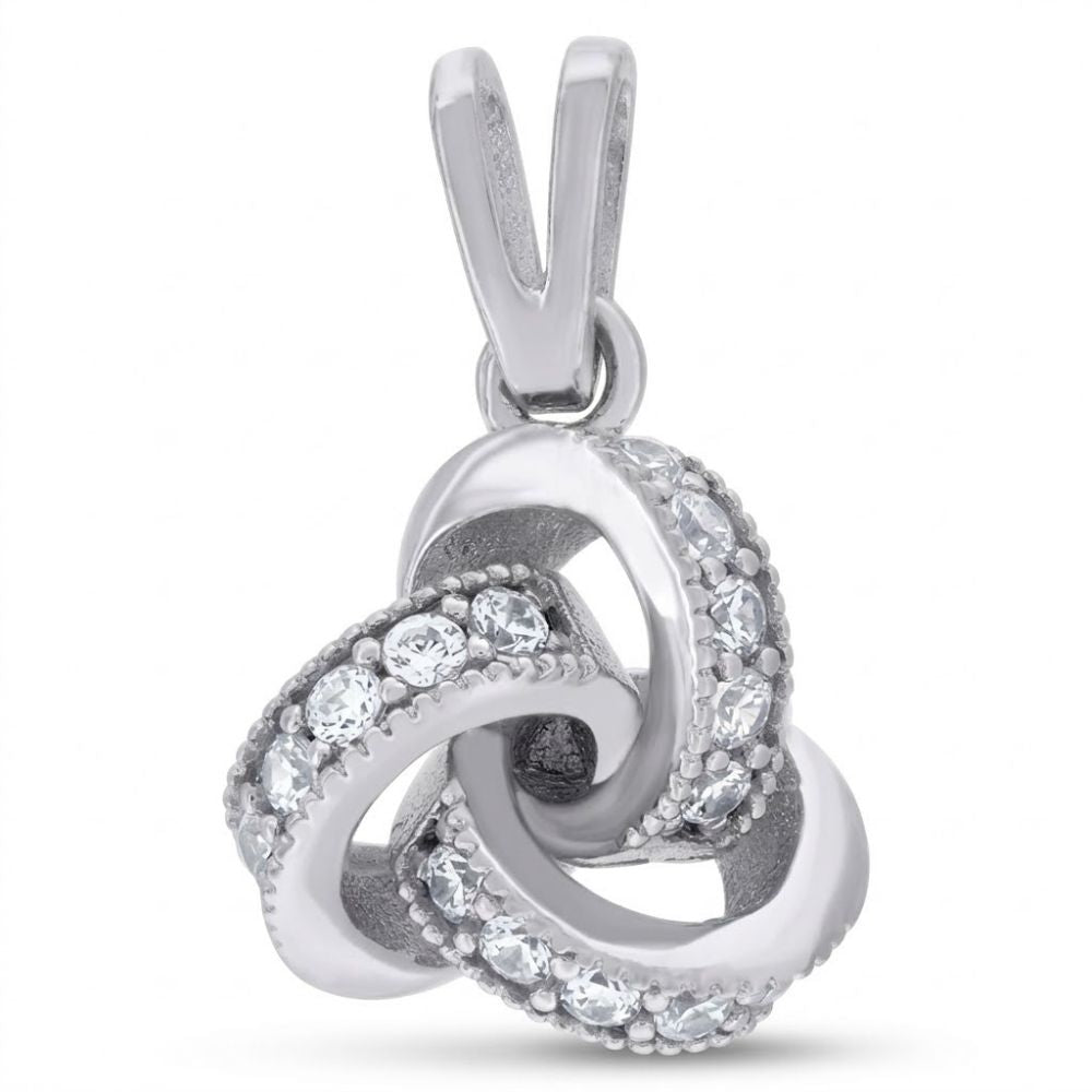 The 925 Sterling Silver Womens Love Knot Pendant features an intricate interlocking cubic-zirconia design with sparkling clear stones along the edges, shown against a plain white background.
