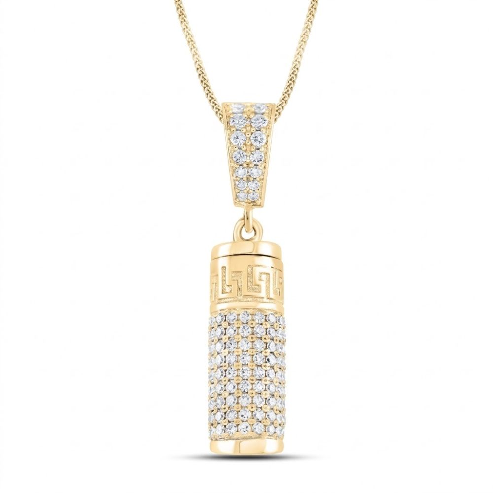 The 10K Gold Diamond Urn Cylinder Pendant 1 CTTW features a cylindrical charm with sparkling diamonds and a Greek key design, beautifully crafted as cremation jewelry on a delicate gold chain.