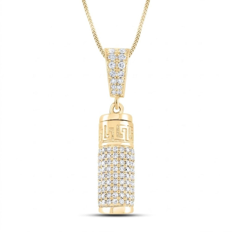 The 10K Gold Diamond Urn Cylinder Pendant 1 CTTW features a cylindrical charm with sparkling diamonds and a Greek key design, beautifully crafted as cremation jewelry on a delicate gold chain.