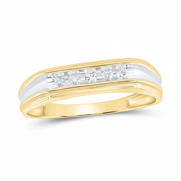 The 10k Two-Tone Gold Diamond Wedding Band – 1/8 Cttw showcases five round diamonds in a row, accented with white gold on top for a classic and timeless style.