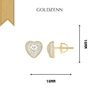The GOLDZENN Yellow-Tone Moissanite Heart Stud Earrings in sterling silver feature clear central stones with a halo of smaller gems. Shown from front and side, each earring measures 10mm x 10mm.