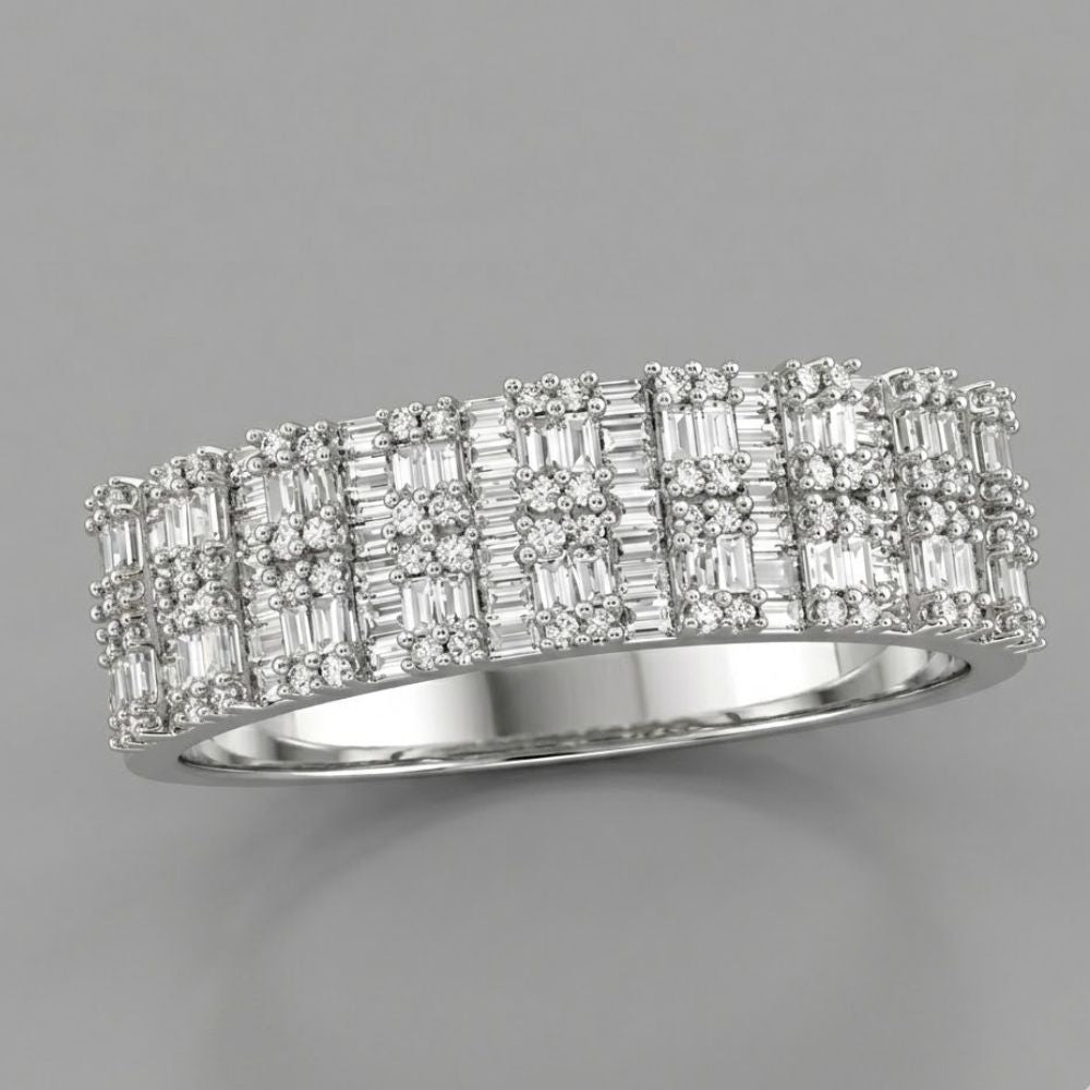 The 3/4 CTW Natural Diamond Men's Band in 10K gold features three rows of baguette and round-cut diamonds in a geometric grid pattern, shown against a plain gray background.