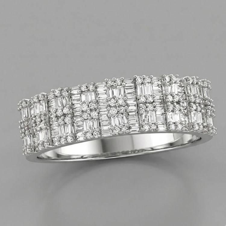 The 3/4 CTW Natural Diamond Men's Band in 10K gold features three rows of baguette and round-cut diamonds in a geometric grid pattern, shown against a plain gray background.