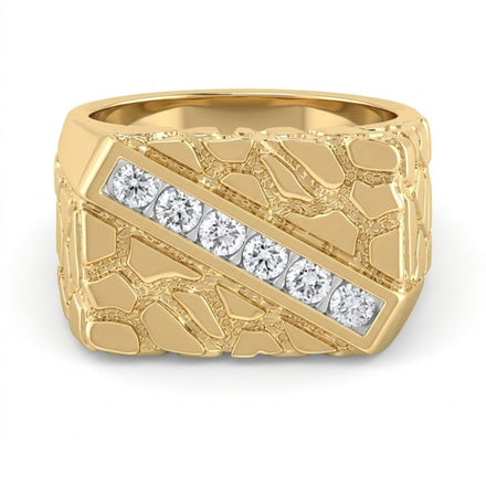 The 10k Yellow Gold Round Diamond Nugget Fashion Ring 1/2 Cttw features a textured, irregular design with a polished channel holding seven round white diamonds—an eye-catching addition to any jewelry collection.