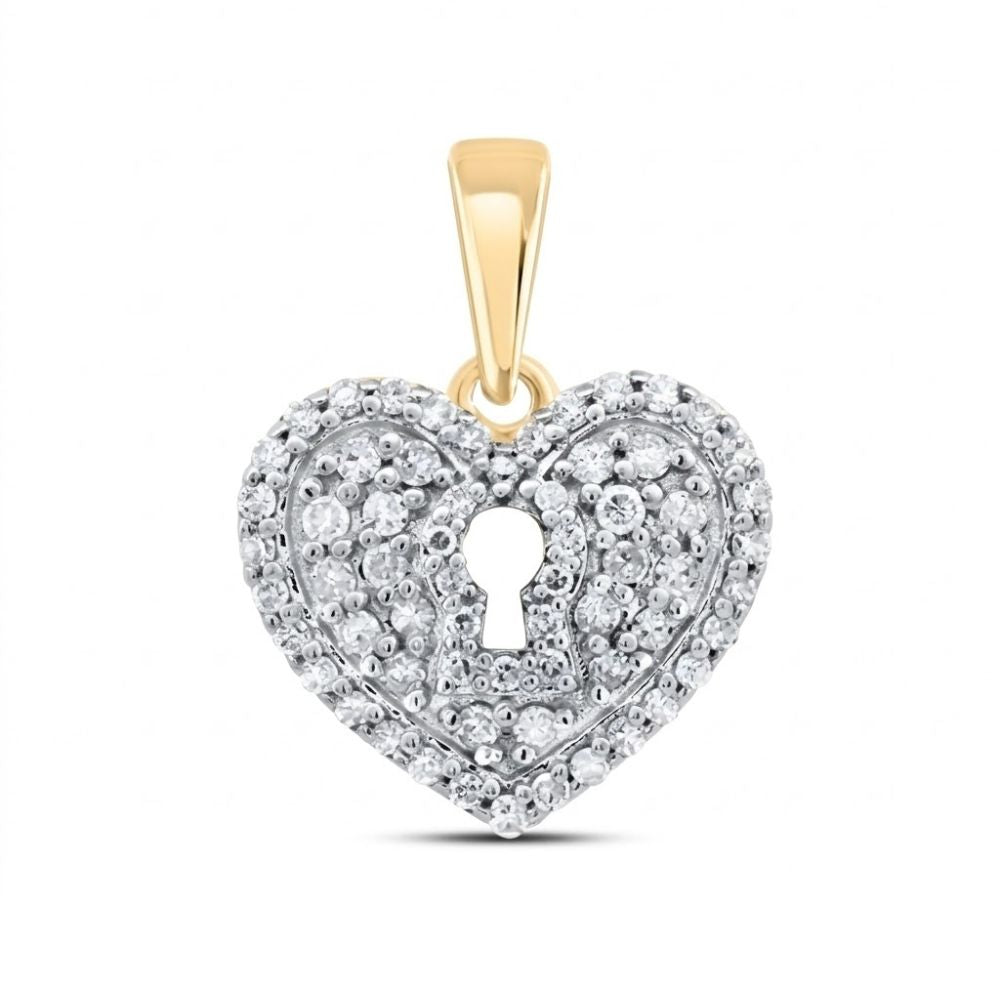 This 3/8 CTW Diamond Heart Pendant in 10K gold features a keyhole design at the center and is accented with small natural diamonds for added sparkle.