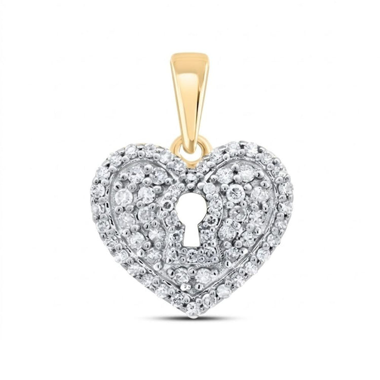This 3/8 CTW Diamond Heart Pendant in 10K gold features a keyhole design at the center and is accented with small natural diamonds for added sparkle.