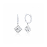 The 1/6CTW Clover Diamond Dangling Earrings in 10K gold feature flower-shaped pendants adorned with sparkling diamonds, combining delicate elegance and shine, showcased against a plain white background.