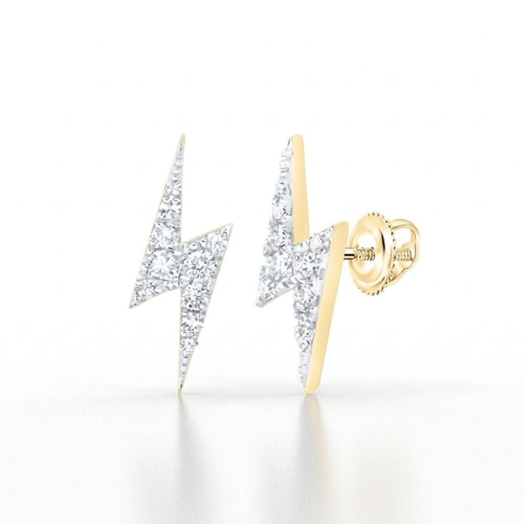 From Nicole’s Dream Collection, the 1/6CTW Round Diamond Bolt Lightning Stud Earrings in 10K yellow gold showcase sparkling studs—one forward-facing, the other angled to highlight the back and threaded post.