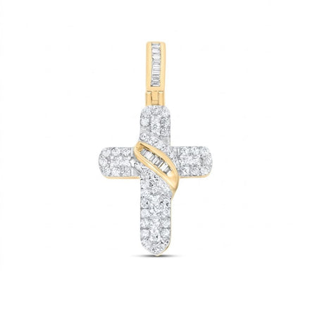 The 10k Gold Diamond Cross Pendant 1/2CT features a swirl of yellow gold wrapped diagonally around the center, accented with natural diamonds and displayed against a plain white background.