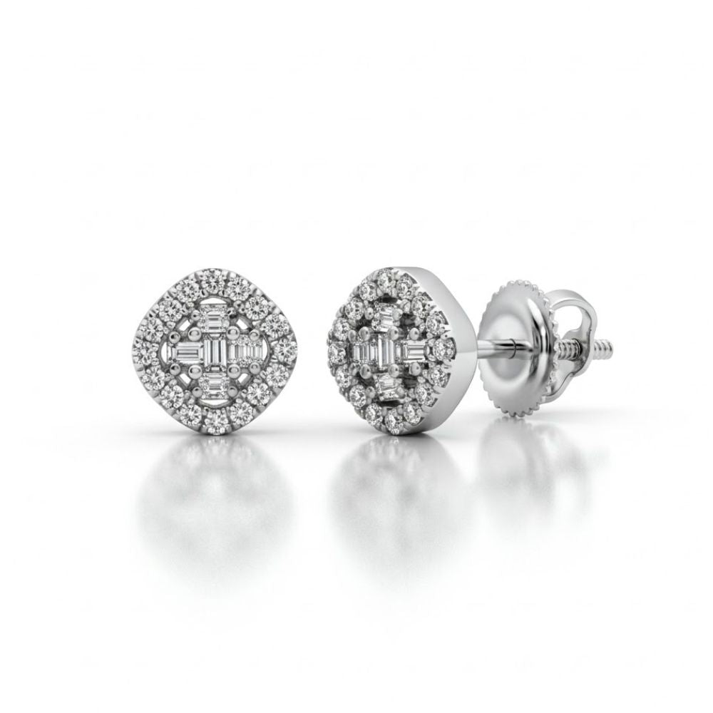 1/6CTW Clover Diamond Earrings in 10k Gold with cushion-shaped halos and round diamond clusters, set in white gold with screw-back posts, shown on a reflective white surface.